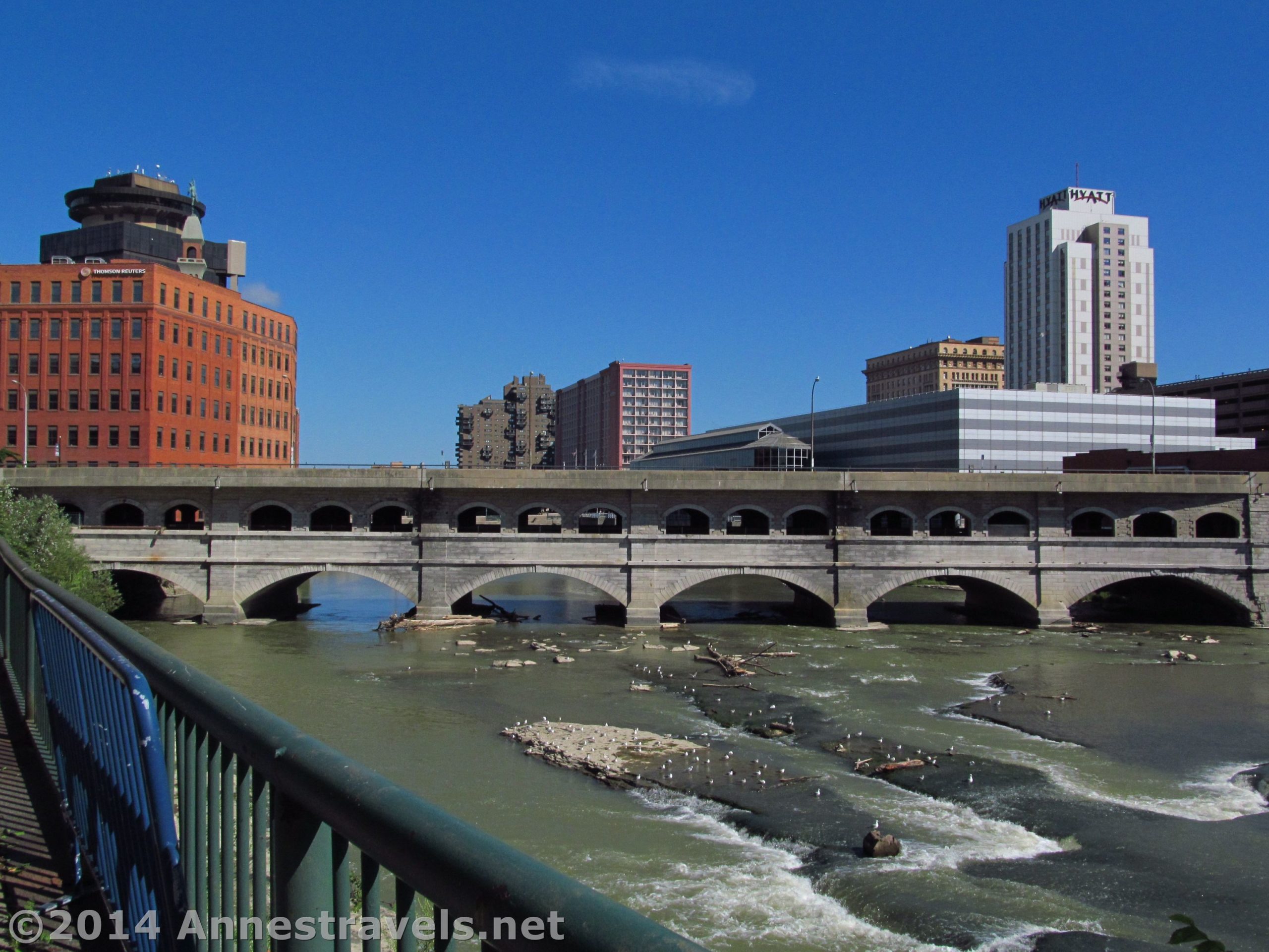 The Broad Street Bridge (old Erie Canal Bridge over the Genesee) from the Genesee Greenway, Rochester, New York