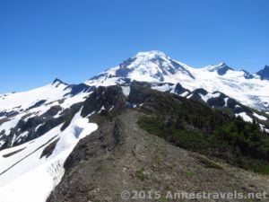 About 5 miles along the Skyline Divide Trail, Mt. Baker looms, grand and spectacular. Skyline Divide Trail, Mount Baker-Snoqualmie National Forest, Washington