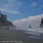 Three hikers brave the mist on Ruby Beach, Olympic National Park, Washington