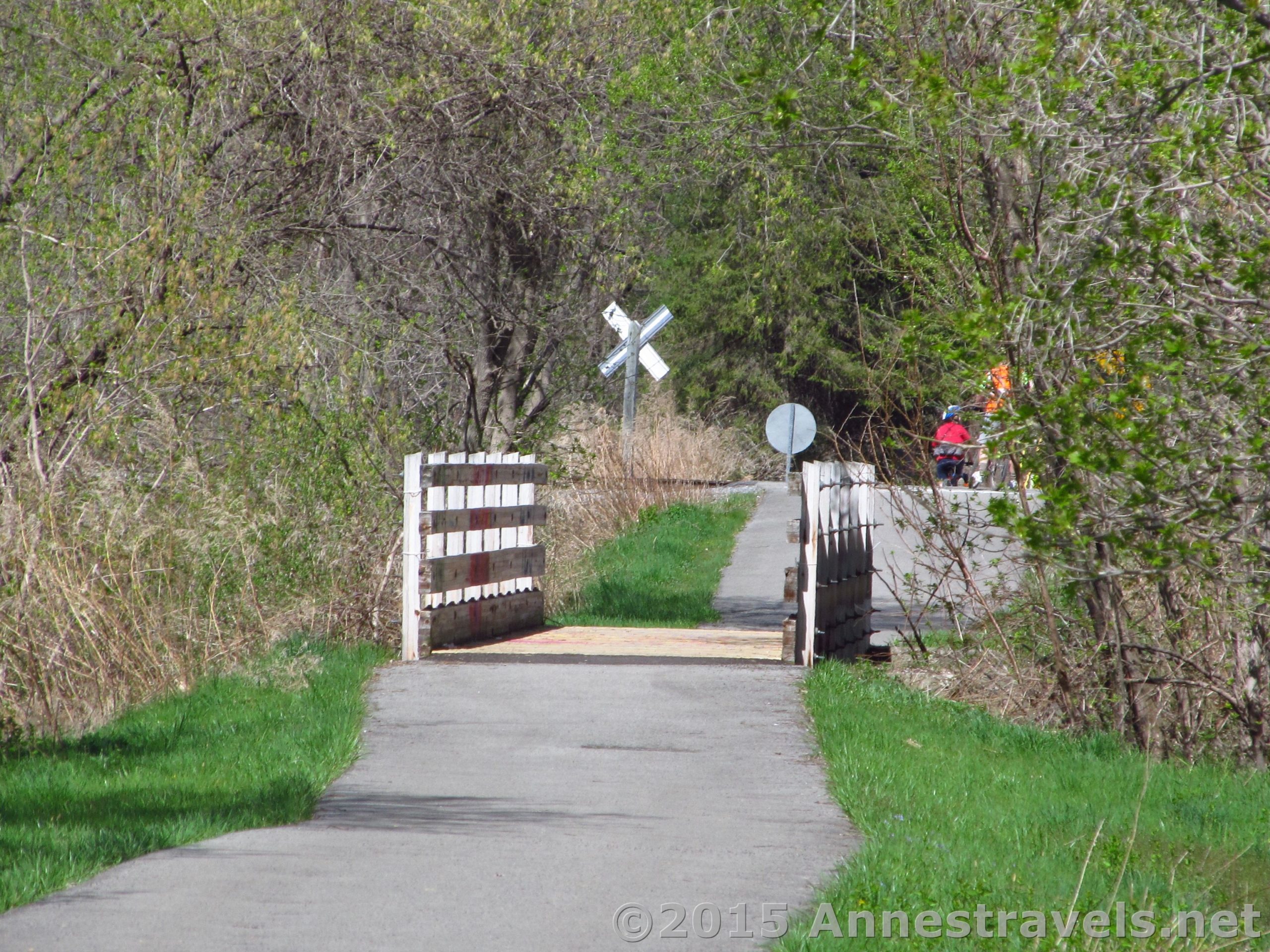 The Auburn Trail crosses a bridge and then a real set of railroad tracks near the Lehigh Valley Trial, Victor, New York