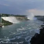 Niagara Falls - the American Falls, Horseshoe Falls, Hornblower Boats, Maid of the Mist Boats, and Observation Tower as seen from the Rainbow Bridge, Niagara Falls, Canada and Niagara Falls State Park, New York.