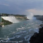 Niagara Falls - the American Falls, Horseshoe Falls, Hornblower Boats, Maid of the Mist Boats, and Observation Tower as seen from the Rainbow Bridge, Niagara Falls, Canada and Niagara Falls State Park, New York.