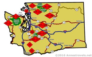 Map of the hikes in "A View Junkie's Guide to Dayhiking Washington" by Anne Whiting