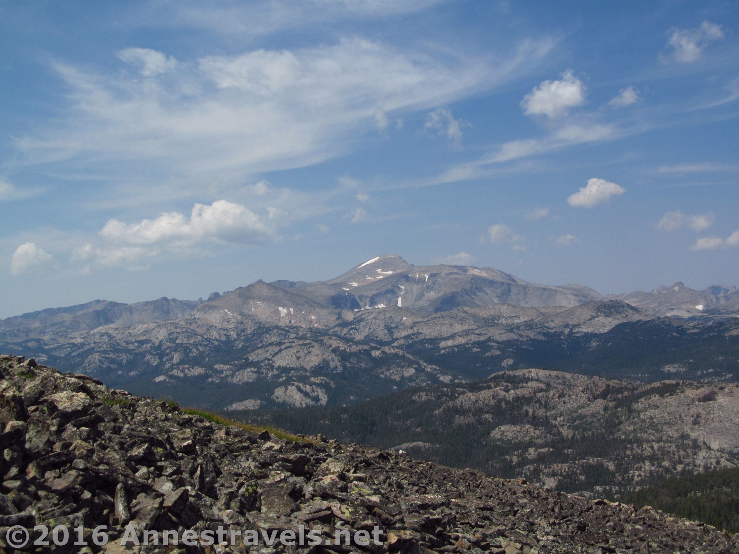 Wind River Peak while descending Roaring Fork Mountain above Stough Creek Pass in the southern Wind River Range, Wyoming