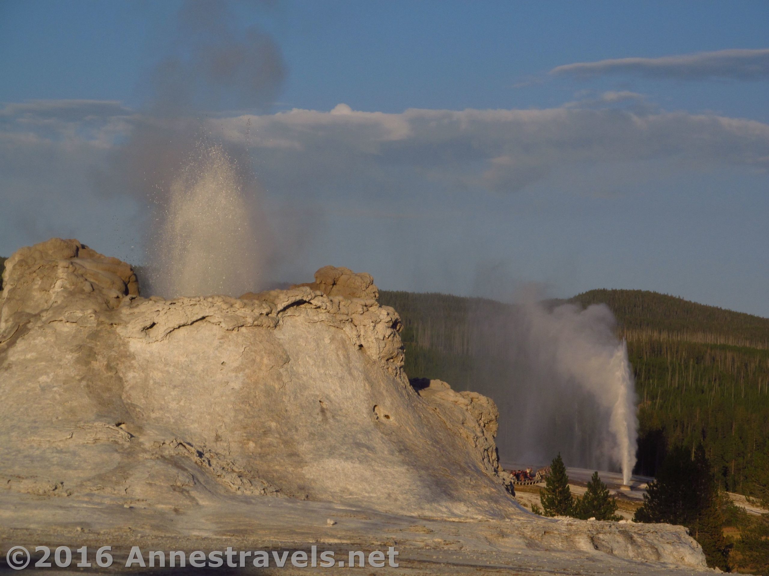Castle and Beehive Geysers erupt simultaneously in the Upper Geyser Basin of Yellowstone National Park, Wyoming