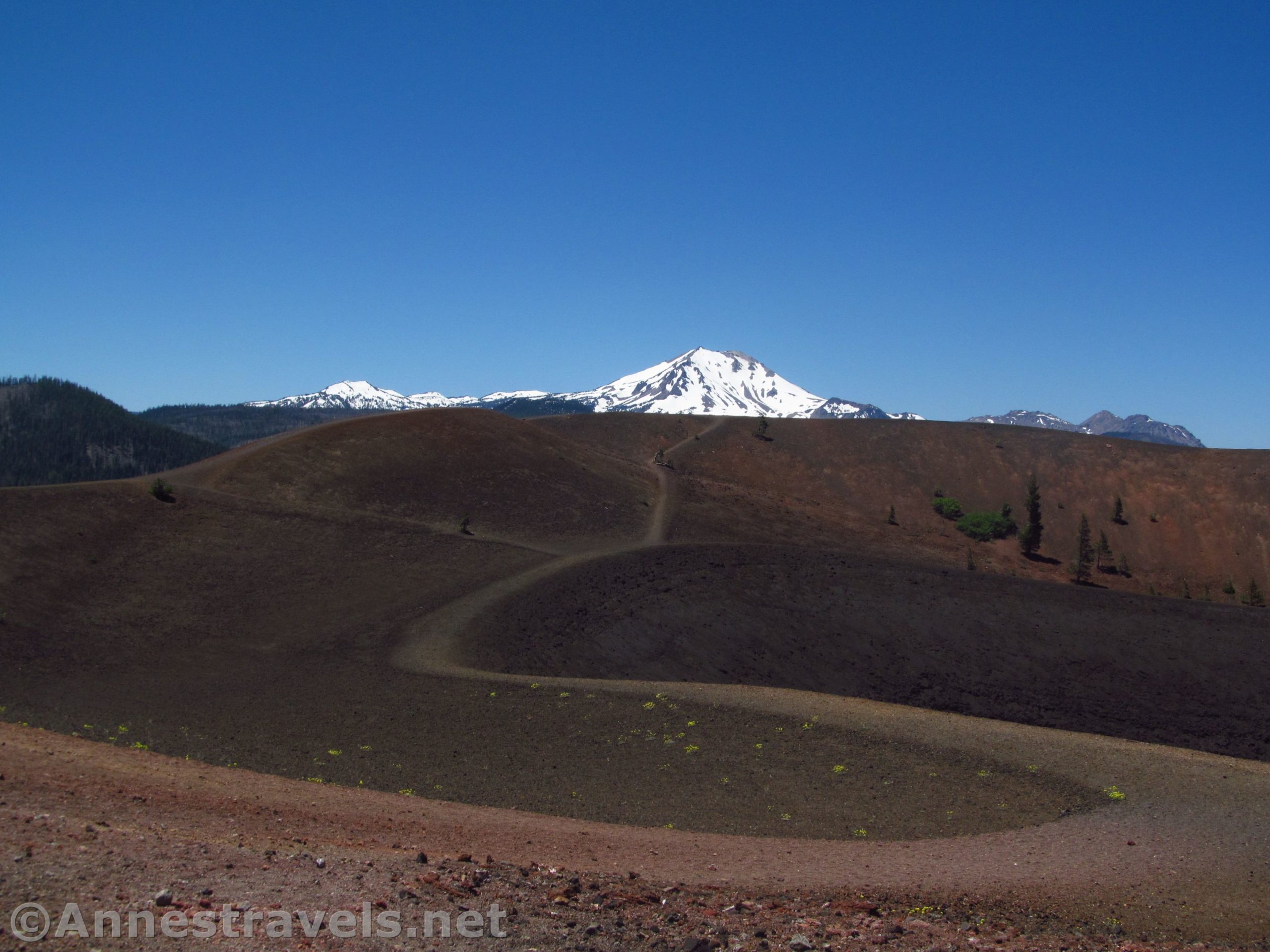 Views across the Cinder Cone in Lassen Volcanc National Park toward Lassen Peak, California