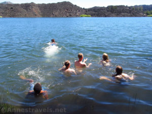 Swimming in Butte Lake across from an old lava flow in Lassen Volcanic National Park, California