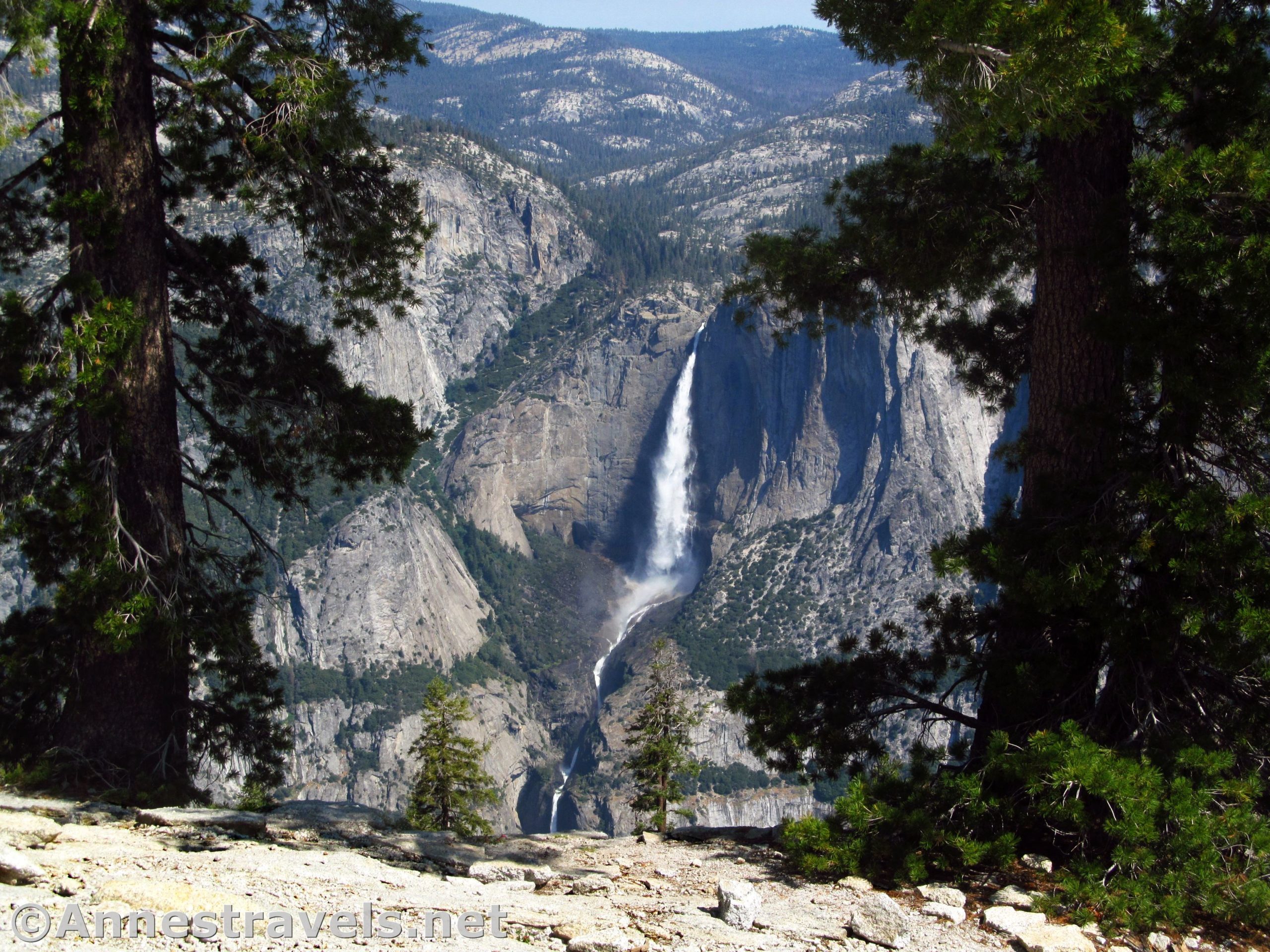 Yosemite Falls framed by pines en route to Sentinel Dome in Yosemite National Park, California
