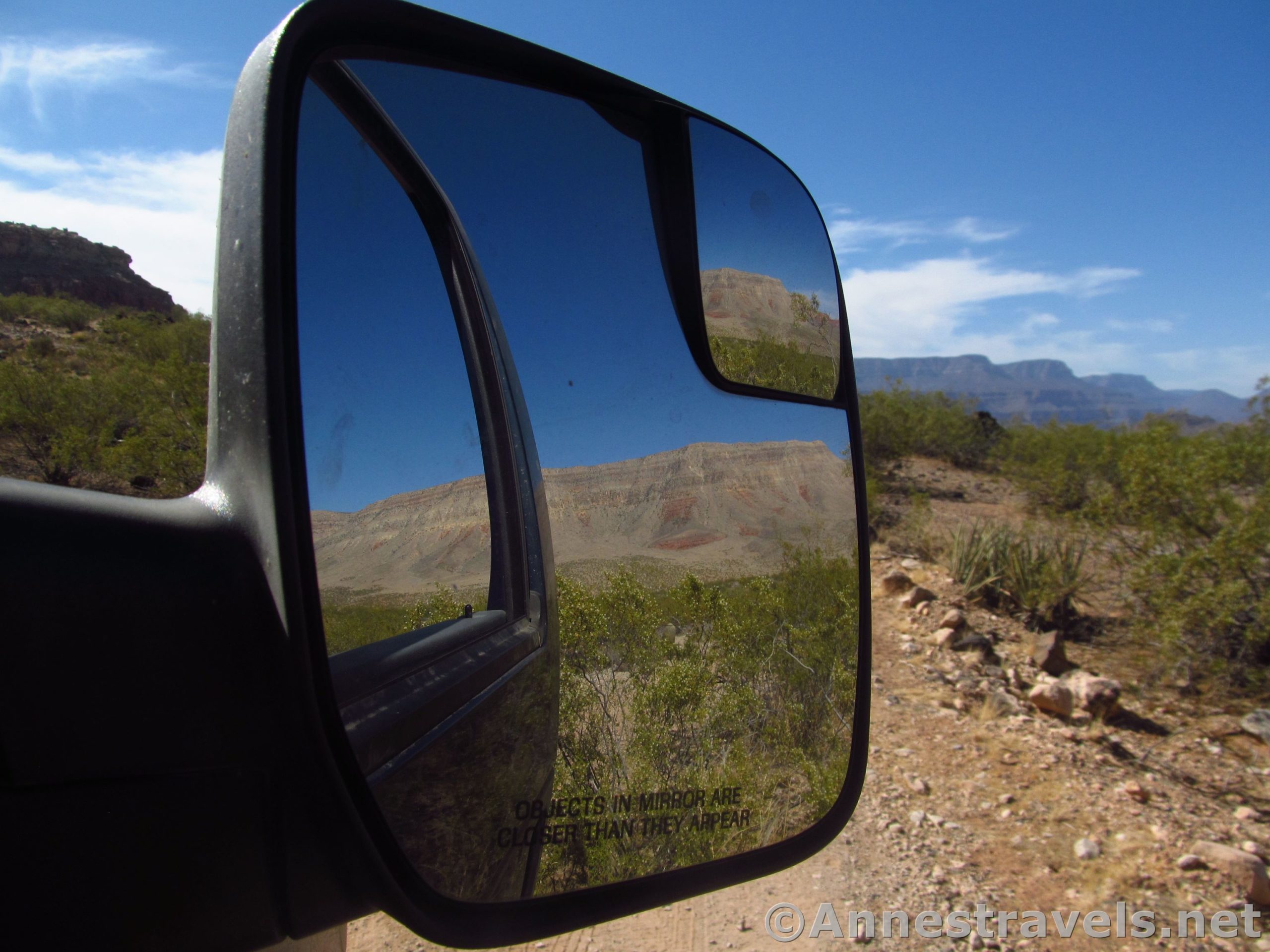 Views of the scenery surrounding the Whitmore Trail in the sideview mirror, Grand Canyon-Parashant National Monument, Arizona