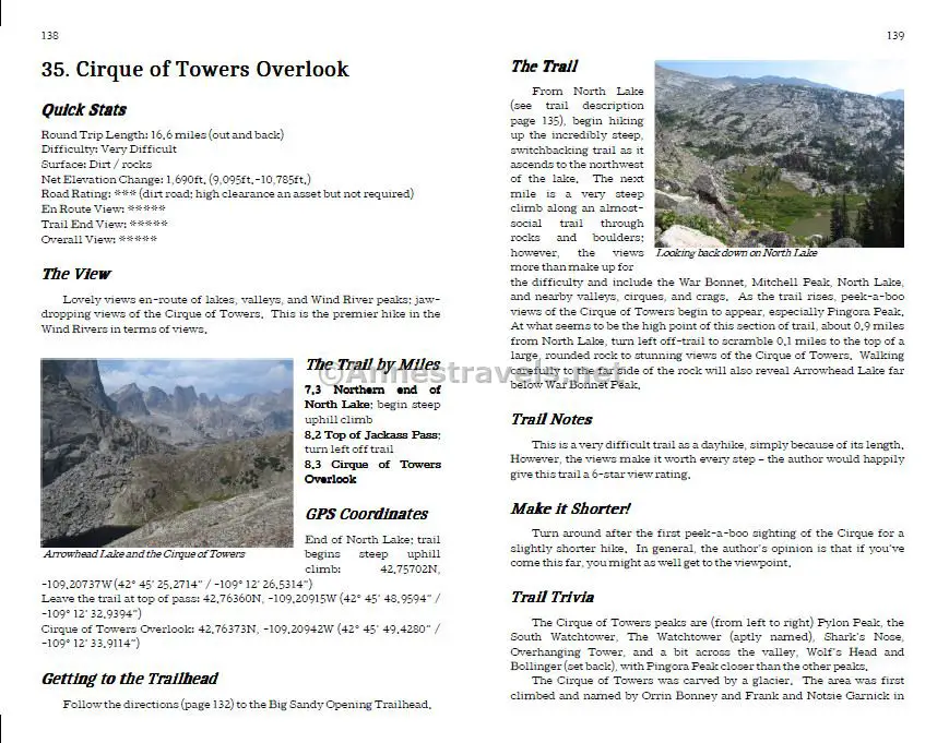 Page about the Cirque of Towers Overlook in the book "A View Junkie's Guide to Wyoming Dayhiking" by Anne Whiting