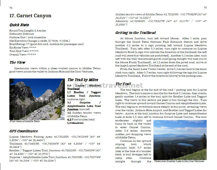 Page about Garnet Canyon from "A View Junkie's Guide to Dayhiking Wyoming" by Anne Whiting