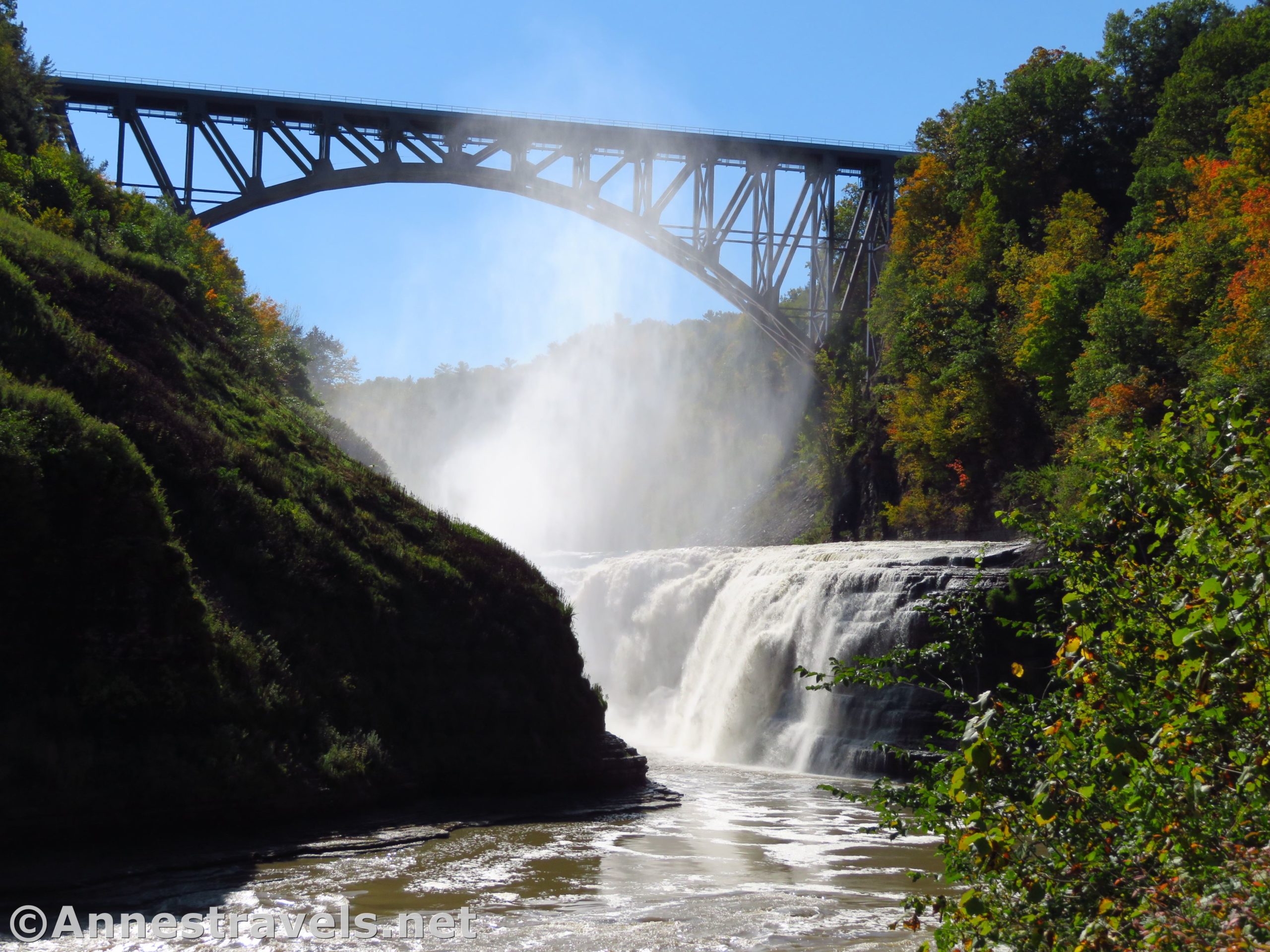 The Upper Falls in Letchworth State Park, New York, under the new rail bridge