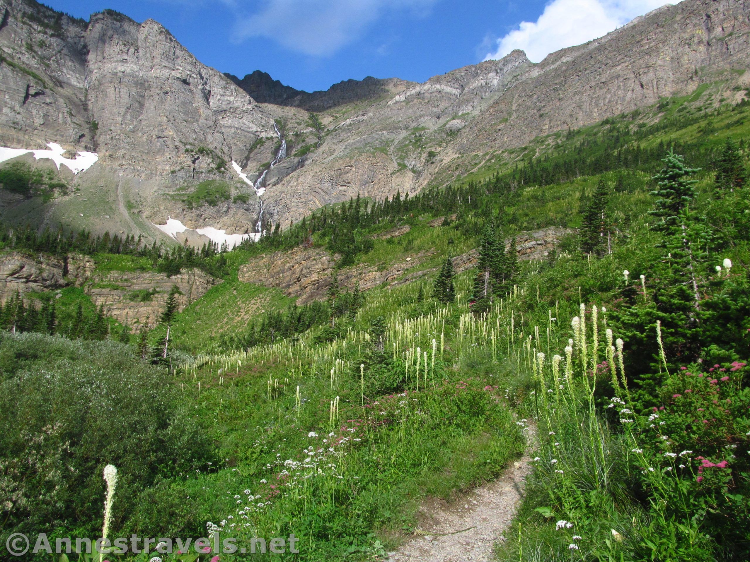 The Swiftcurrent Pass Trail just above Swiftcurrent Creek in the Swiftcurrent Amphitheater, Glacier National Park, Montana