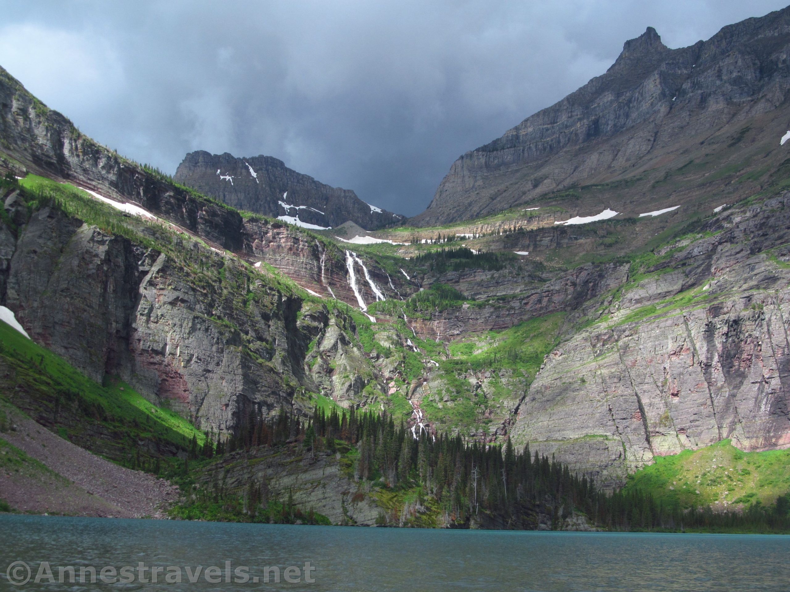 Grinnell Falls over Grinnell Lake, Glacier National Park, Montana