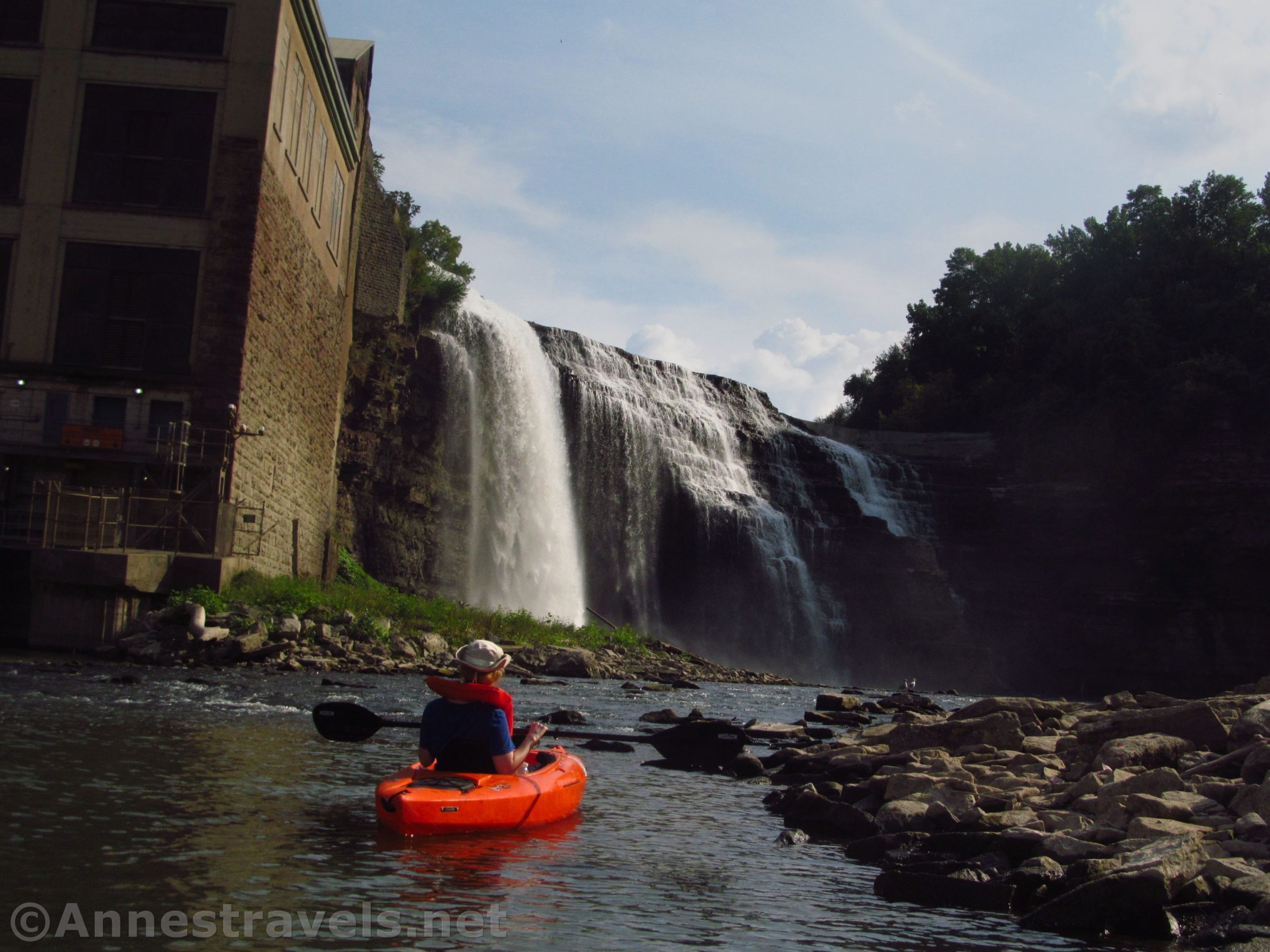 Kayaking up to Lower Falls on the Genesee River, Rochester, New York