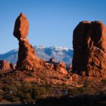 Sunset on The Balancing Rock and the La Sal Mountains, Arches National Park, Utah