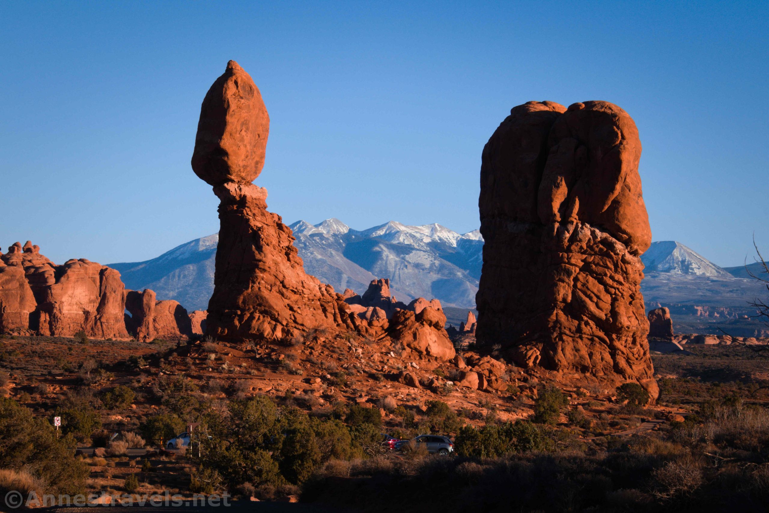 Sunset on The Balancing Rock and the La Sal Mountains, Arches National Park, Utah
