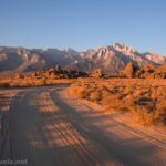 A road in the Alabama Hills at Sunrise, heading for Lone Pine Peak, California