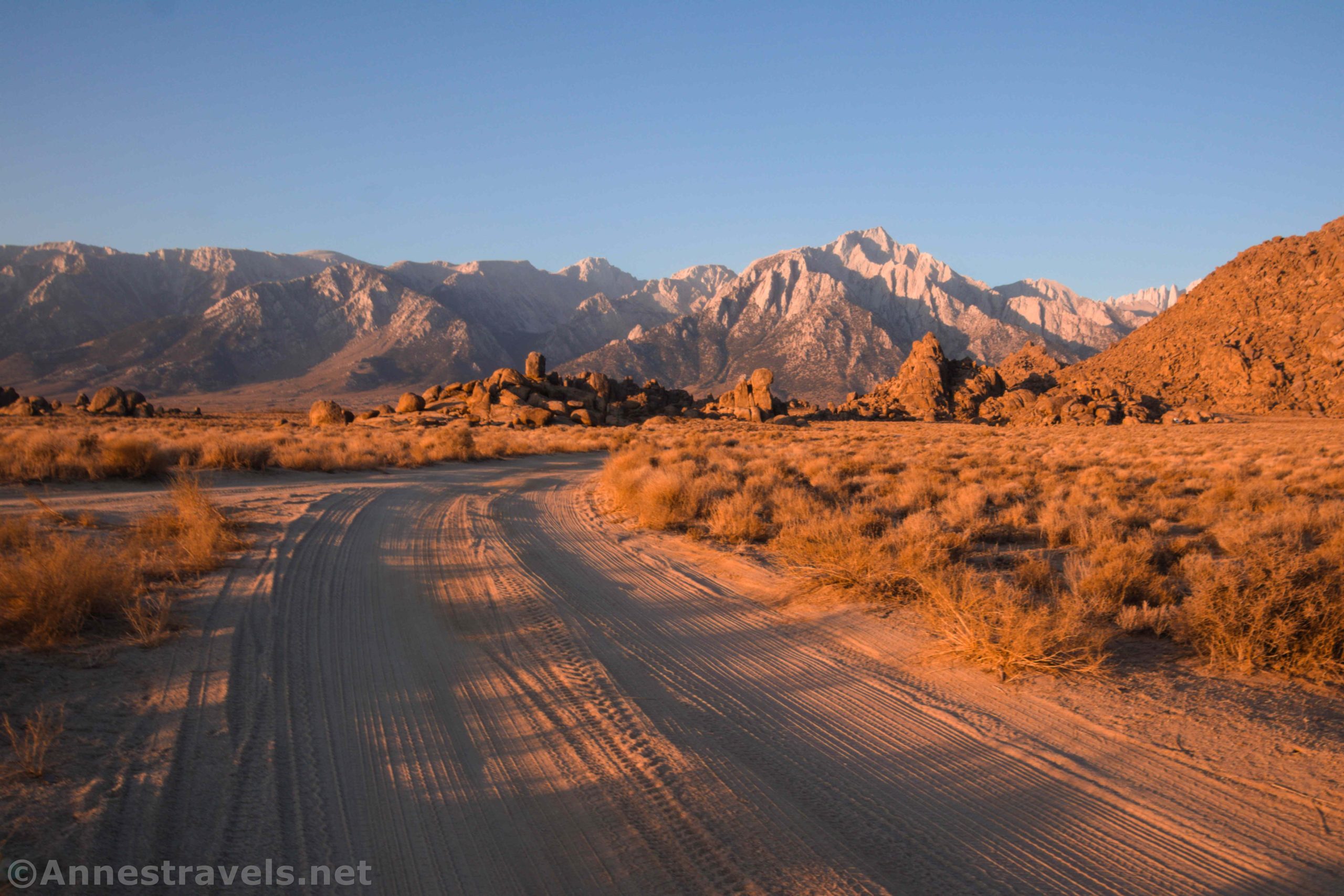 A road in the Alabama Hills at Sunrise, heading for Lone Pine Peak, California