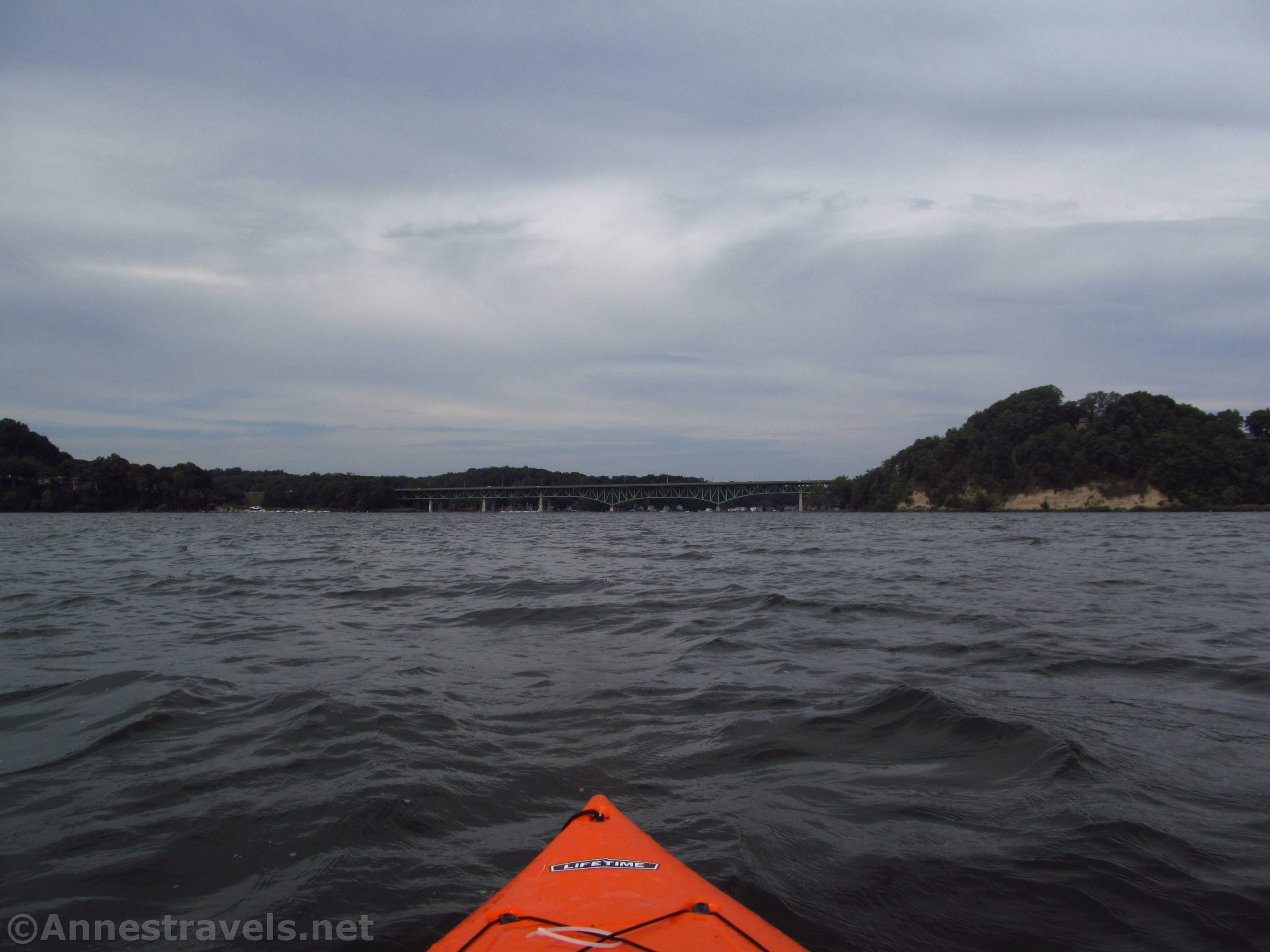 Kayaking on a choppy day on Irondequoit Bay toward the Irondequoit Bay Bridge, Webster, New York