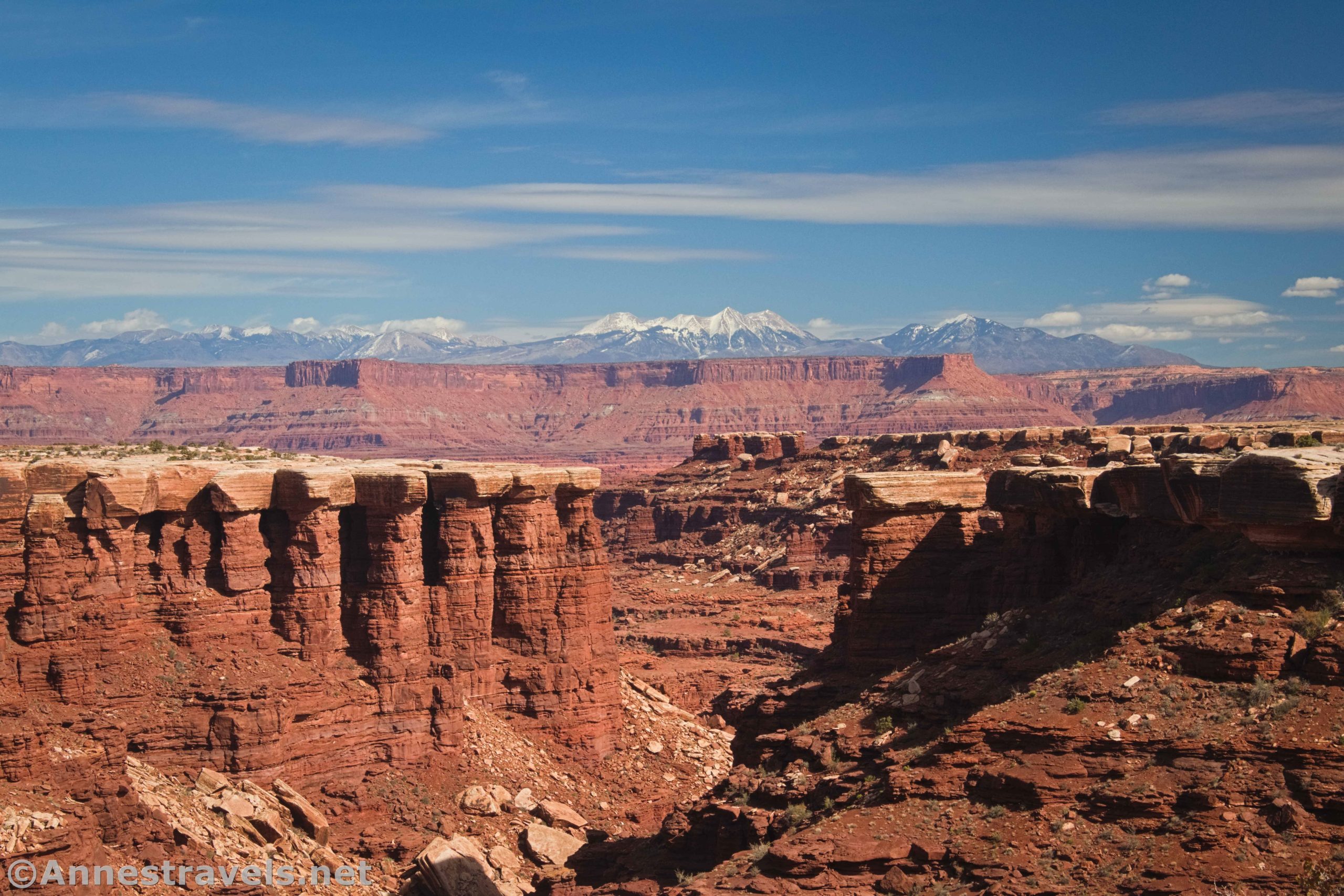 Views down Gooseberry Canyon to the La Sal Mountains, Canyonlands National Park, Utah