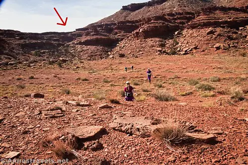 Hiking cross-country toward the saddle and Monument Basin Overlook, Canyonlands National Park, Utah