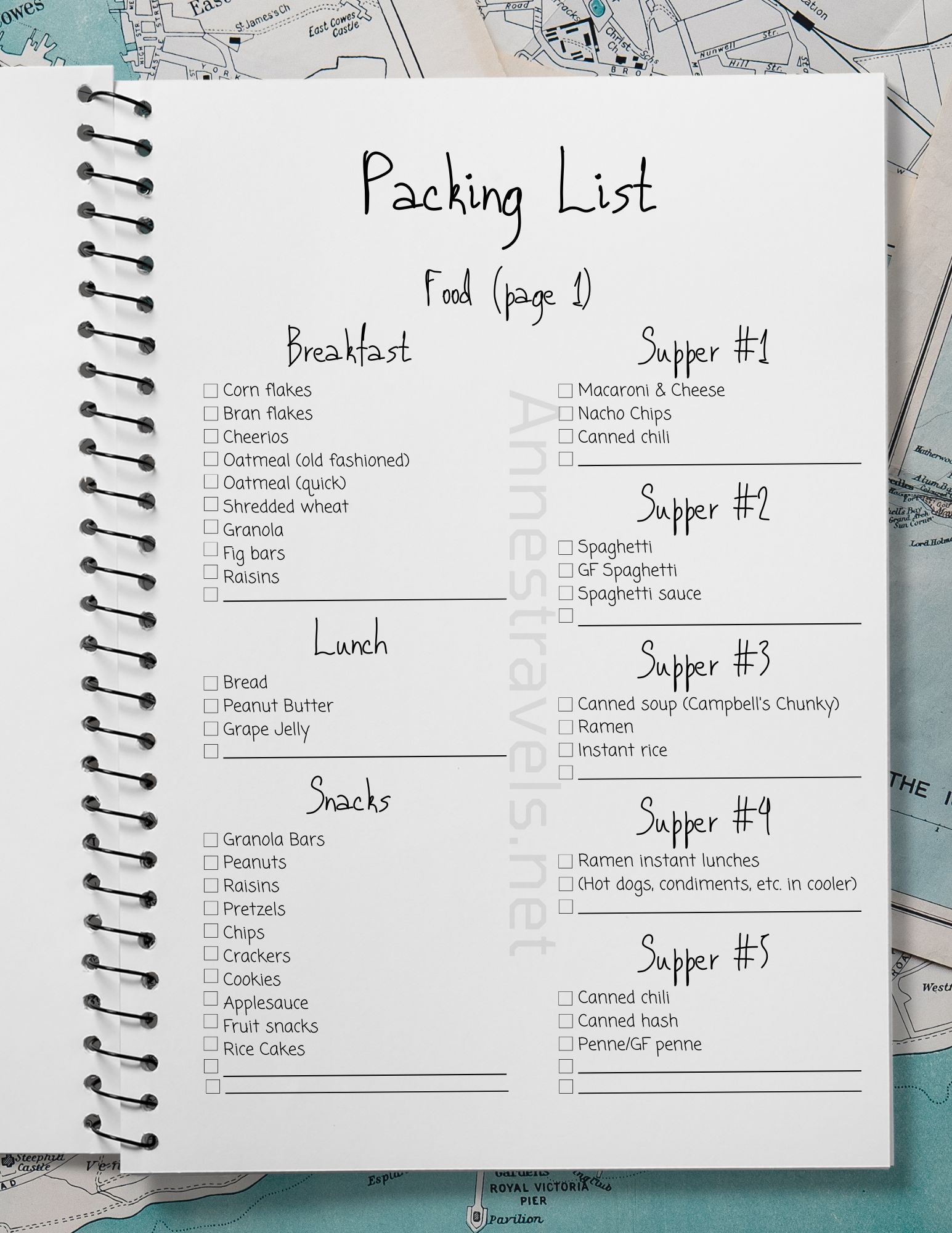 Page 1 of the packing list for hiking trips or camping trips