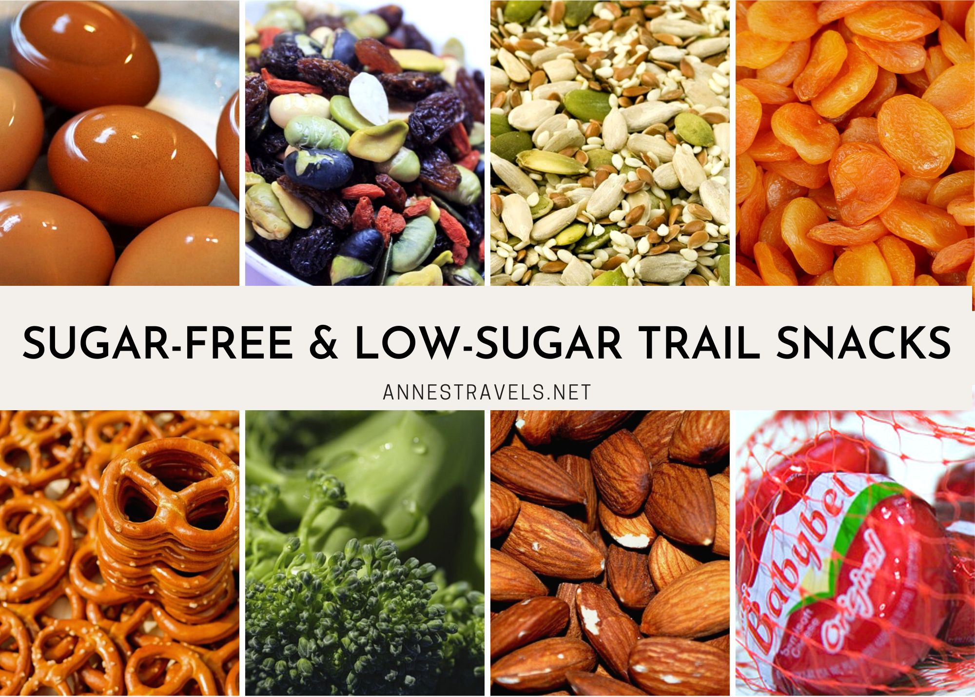 Photo collage of sugar free or low sugar trail snacks