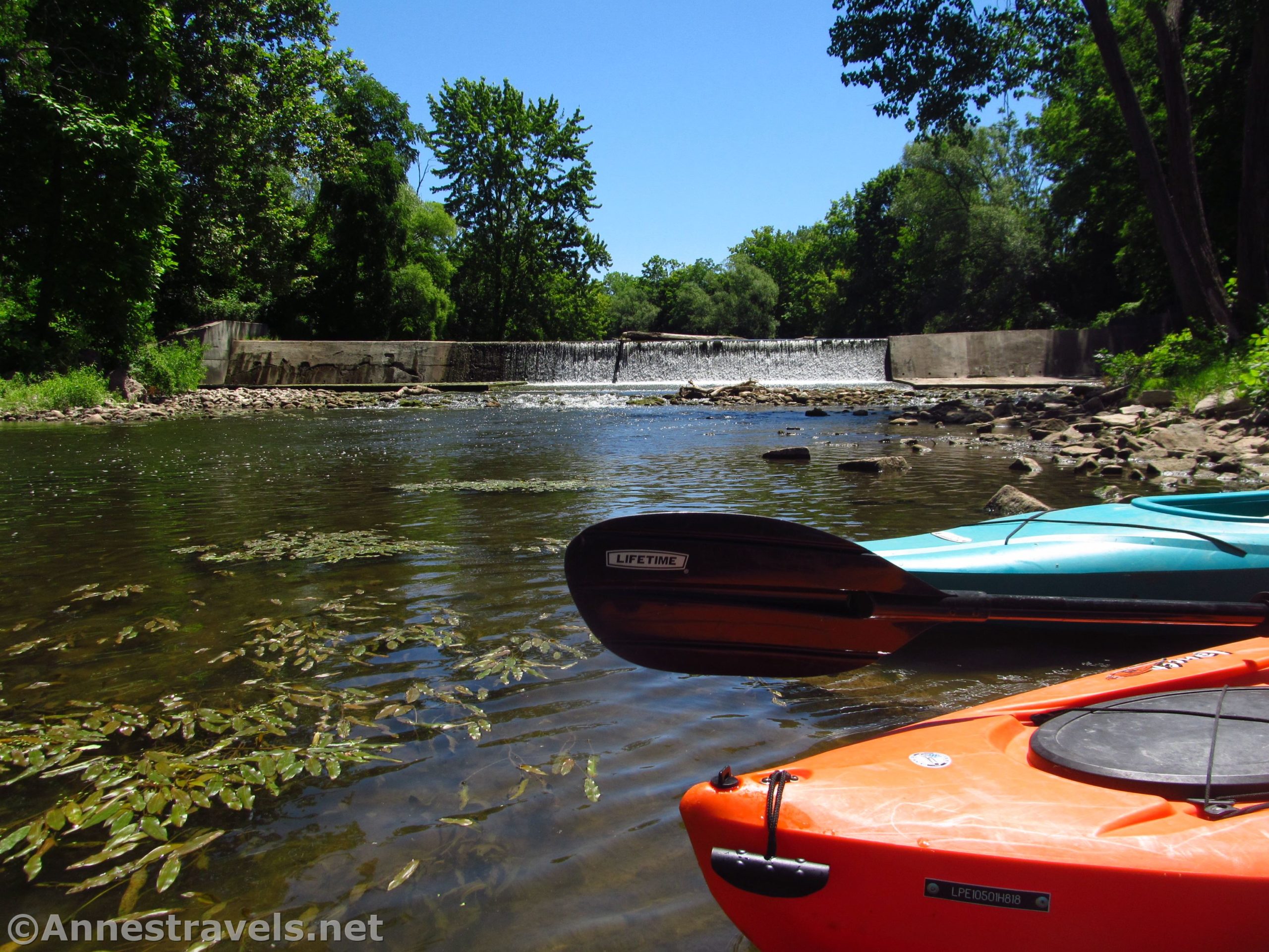 Beginning a kayak trip down Honeoye Creek at the Rush Dam/waterfall, Rush, New York
