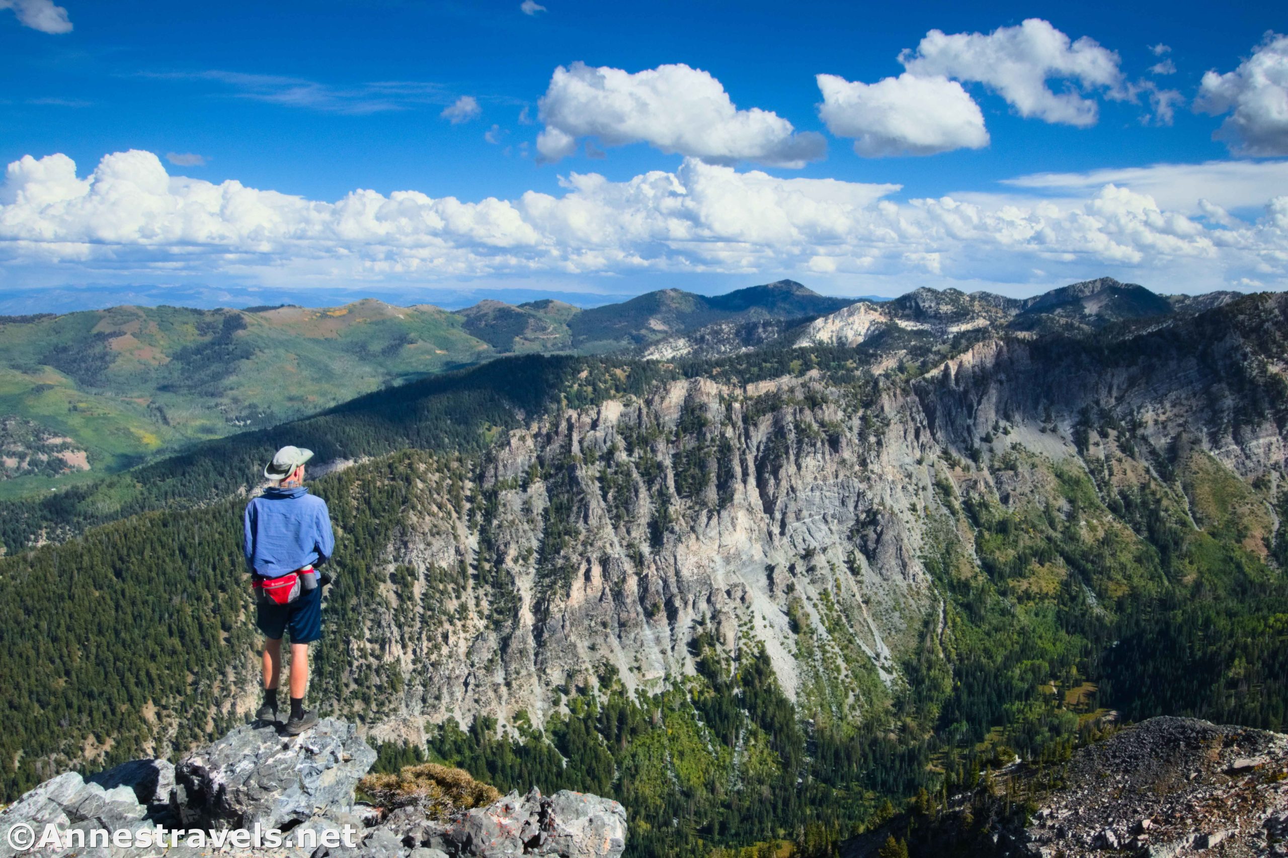 Atop Kessler Peak with views to mountains and cliffs, Big Cottonwood Canyon of the Uinta-Wasatch-Cache National Forest, Utah