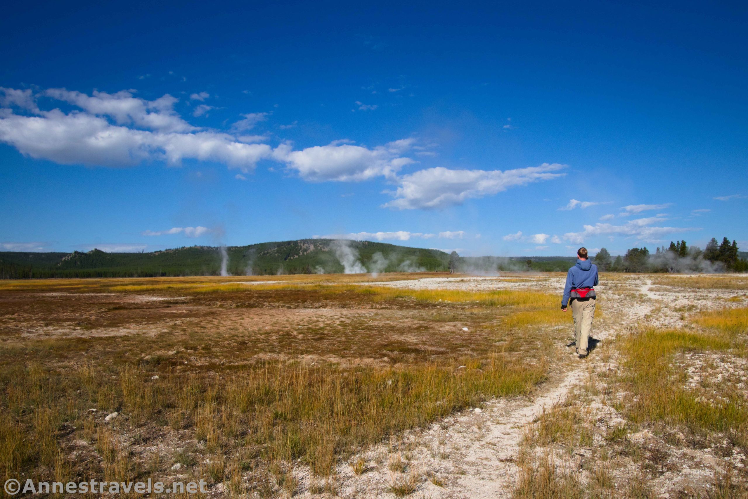 A hiker in Imperial Meadows on the Sentinel Meadows Trail, Yellowstone National Park, Wyoming
