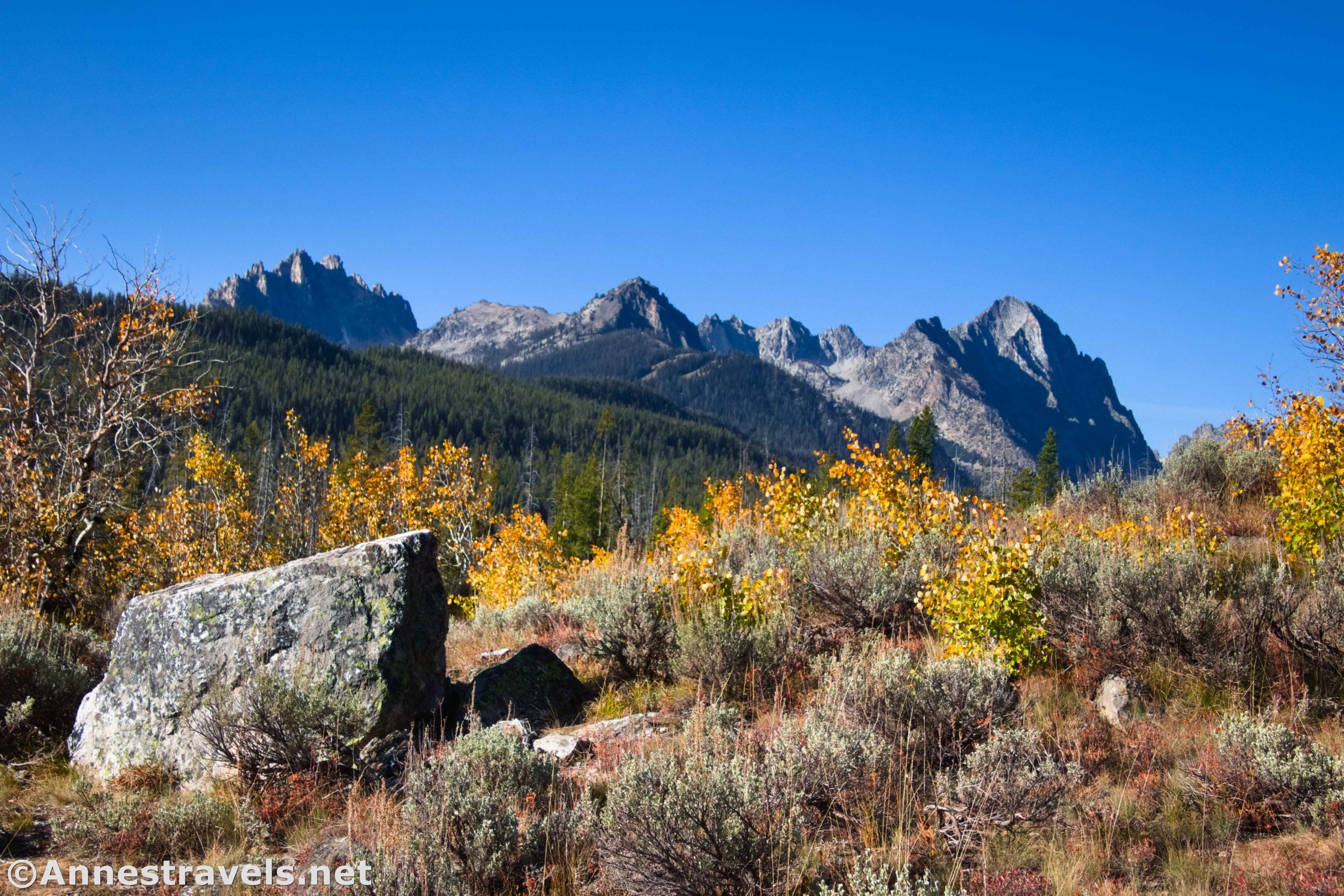 The Sawtooth Mountains and autumn aspen trees from the trail to Thompson Peak, Sawtooth National Recreation Area, Idaho