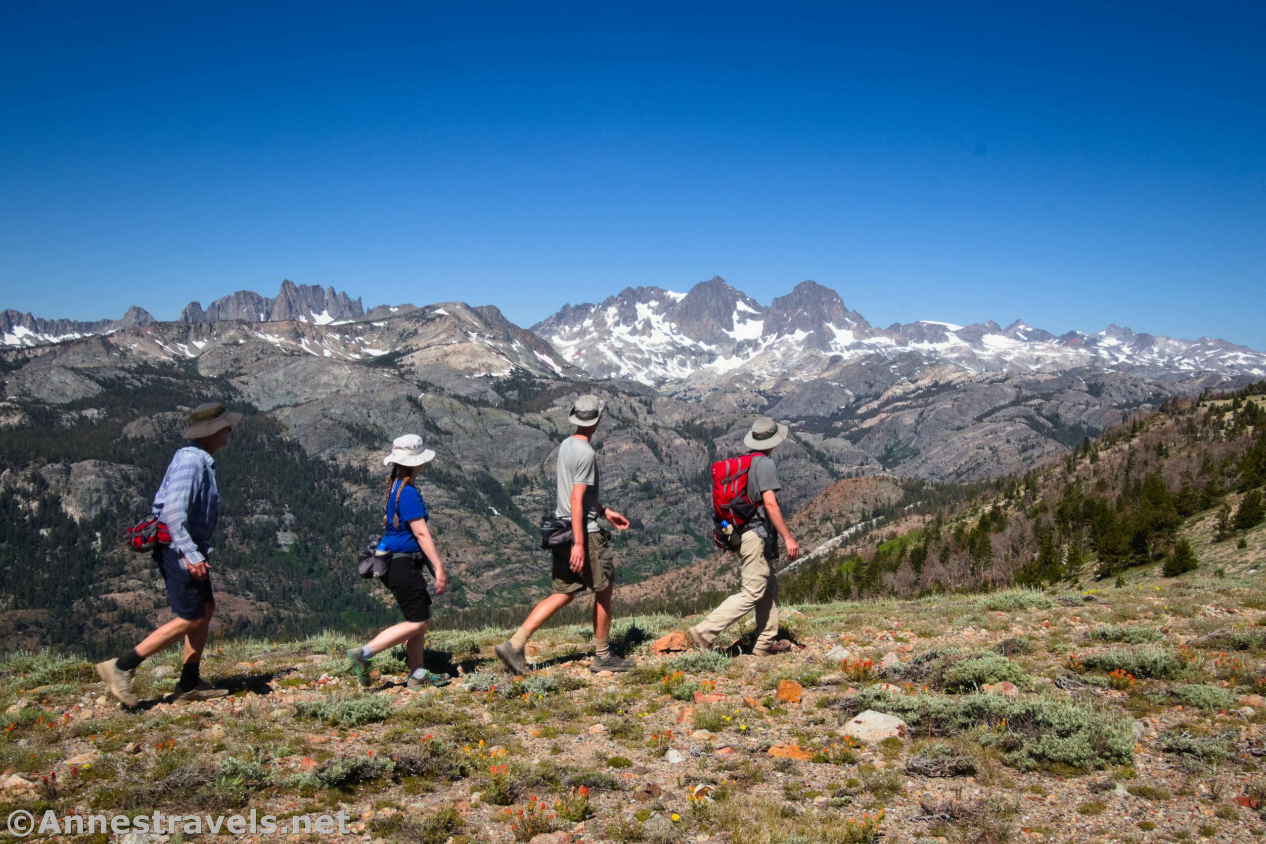 Hikers on San Joaquin Mountain above Minaret Summit, Inyo National Forest, California