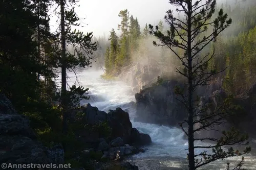 Cascades of the Firehole River on a misty morning, Yellowstone National Park, Wyoming