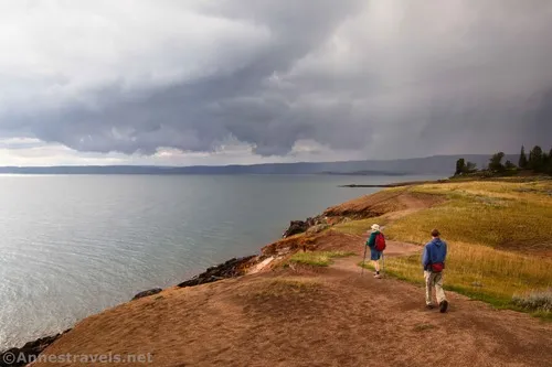 Hiking into the storm on Storm Point, Yellowstone National Park, Wyoming