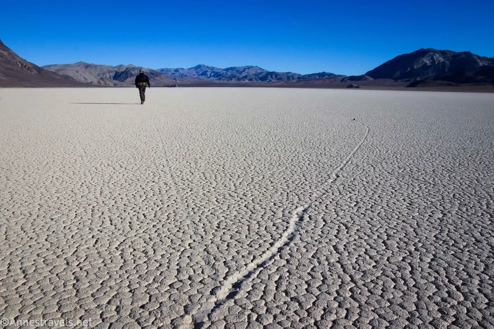 A trail left by a sailing stone on the Racetrack, Death Valley National Park, California