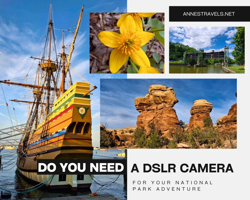 Photos of a historic boat, a flower, a canal, and rock formations