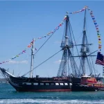 The USS Constitution warship sails back to Boston after shooting off its cannons in the 4th of July demonstration, Massachusetts