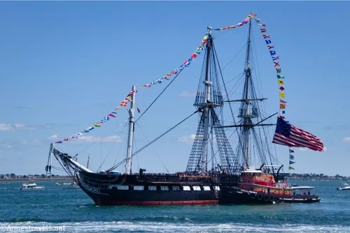 The USS Constitution warship sails back to Boston after shooting off its cannons in the 4th of July demonstration, Massachusetts