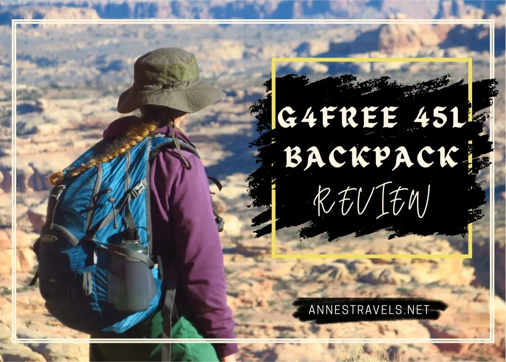 A woman with a dark green hat, a blue backpack, and a purple jacket stands on the edge of a rugged desert landscape. Text reads, G4Free 45L Backpack Review.