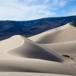 Sand dunes rise in curves, backed by dark mountains and blue skies
