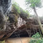 A cliff topped with greenery has a sandy bottom and a waterfall over the left side