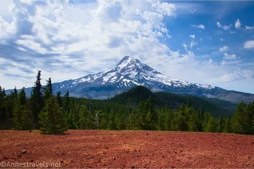 Clouds in a blue sky over a snowy volcano with trees separating the mountain from red cinders on the hill