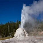 A geyser of water spouts from a geothermal dome with trees and blue sky beyond