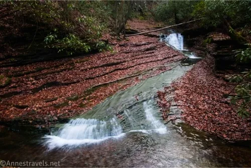 A waterfall flows down a gently-sloped rockface to tumble into a pool bordered by red leaves on rock leges and green bushes