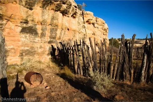 A corral made of upright branches and a metal burn barrel beside a yellow cliff face