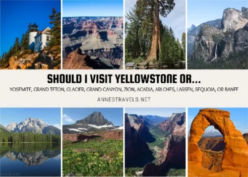 Photo collage of several national park famous features and text about Should I visit Yellowstone National Park or other national parks
