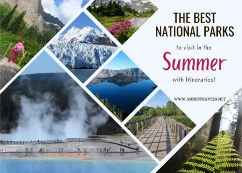 Photos of mountains, lakes, a bridge, and a fern with the text The Best National Parks to visit in the Summer with Itineraries