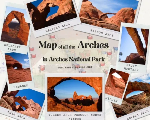 Photos of various arches and text describing a map with all of the Arches in Arches National Park, Utah
