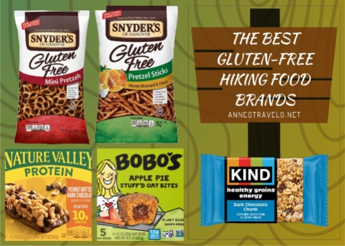 Graphic with several snack brands and a sign saying The Best Gluten Free Hiking Food Brands